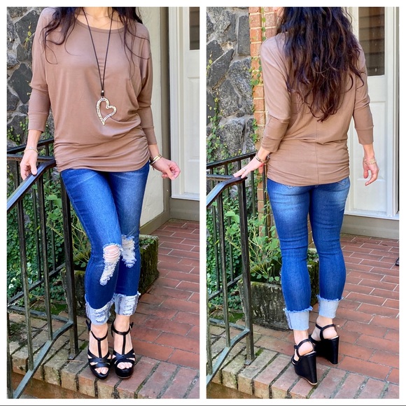 MOCHA DOLMAN BOATNECK 3/4 SLEEVES TUNIC TOP - Picture 10 of 15